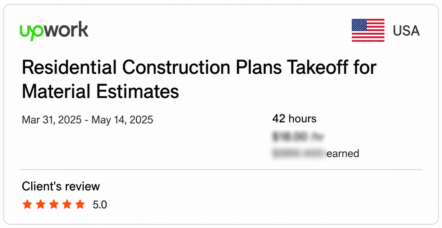 Upwork feedback record for Residential material takeoff