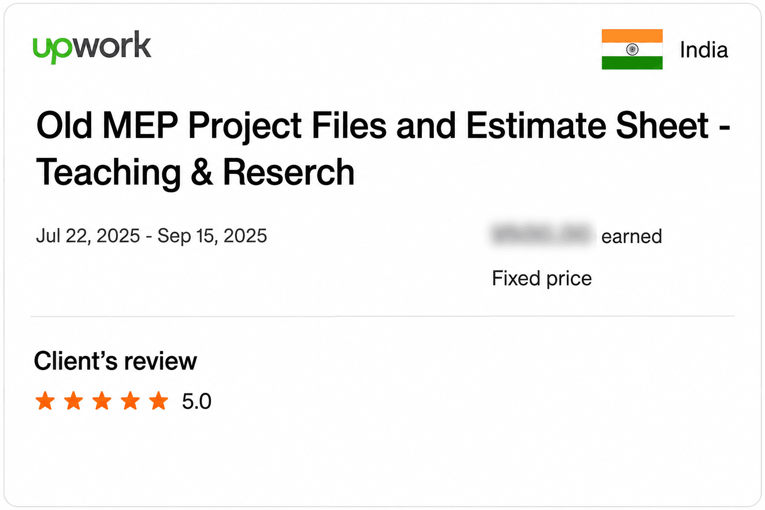 Upwork feedback record for MEP estimate review and teaching