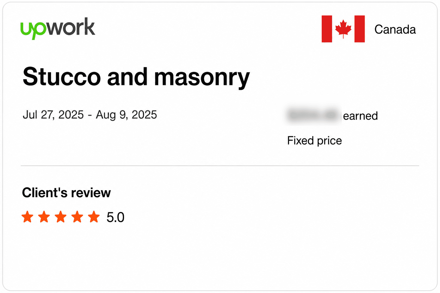 Upwork feedback record for Stucco and masonry takeoff