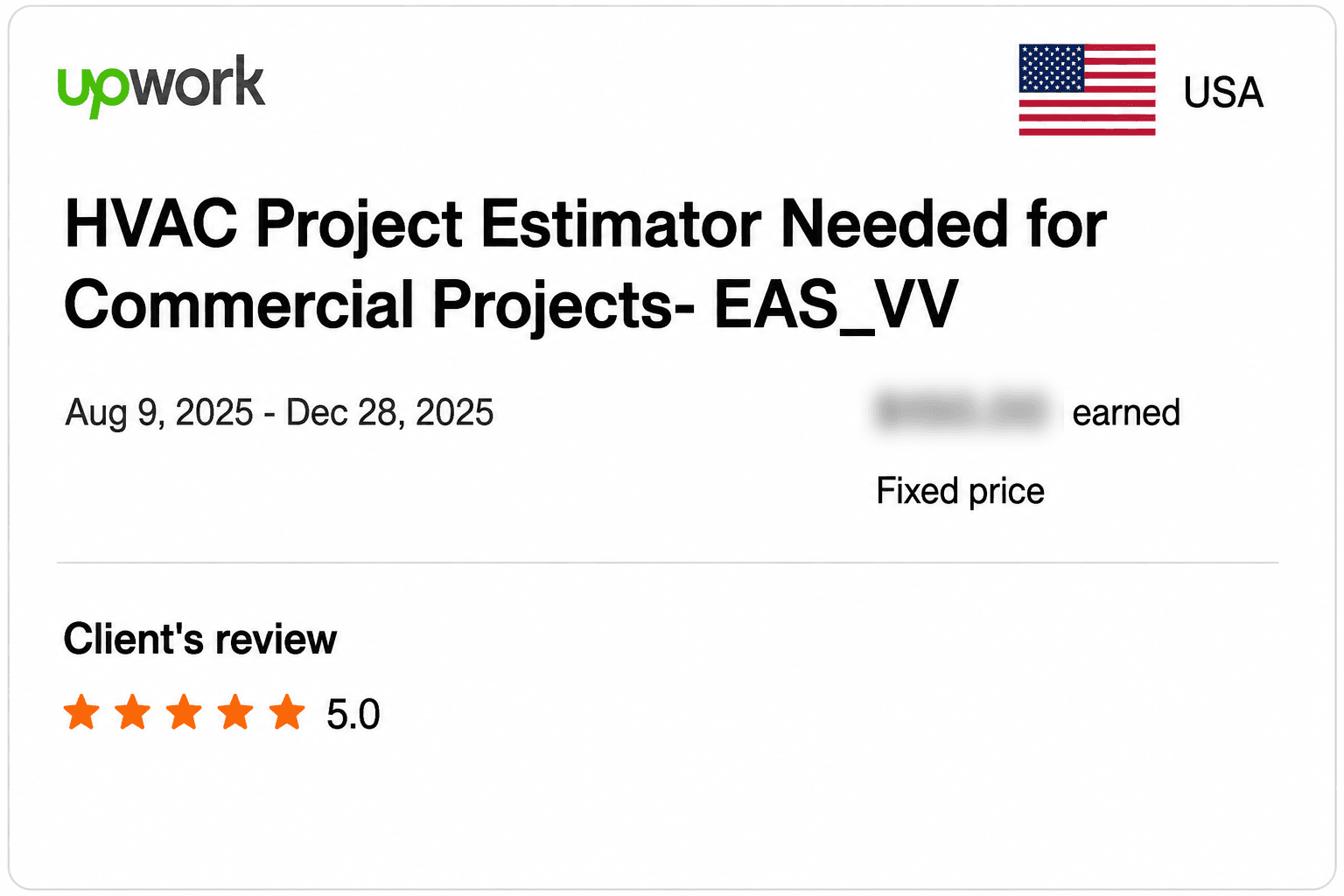 Upwork feedback record for Commercial HVAC estimates