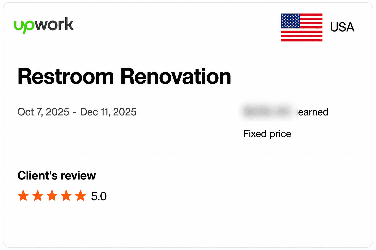 Upwork feedback record for Restroom renovation estimate