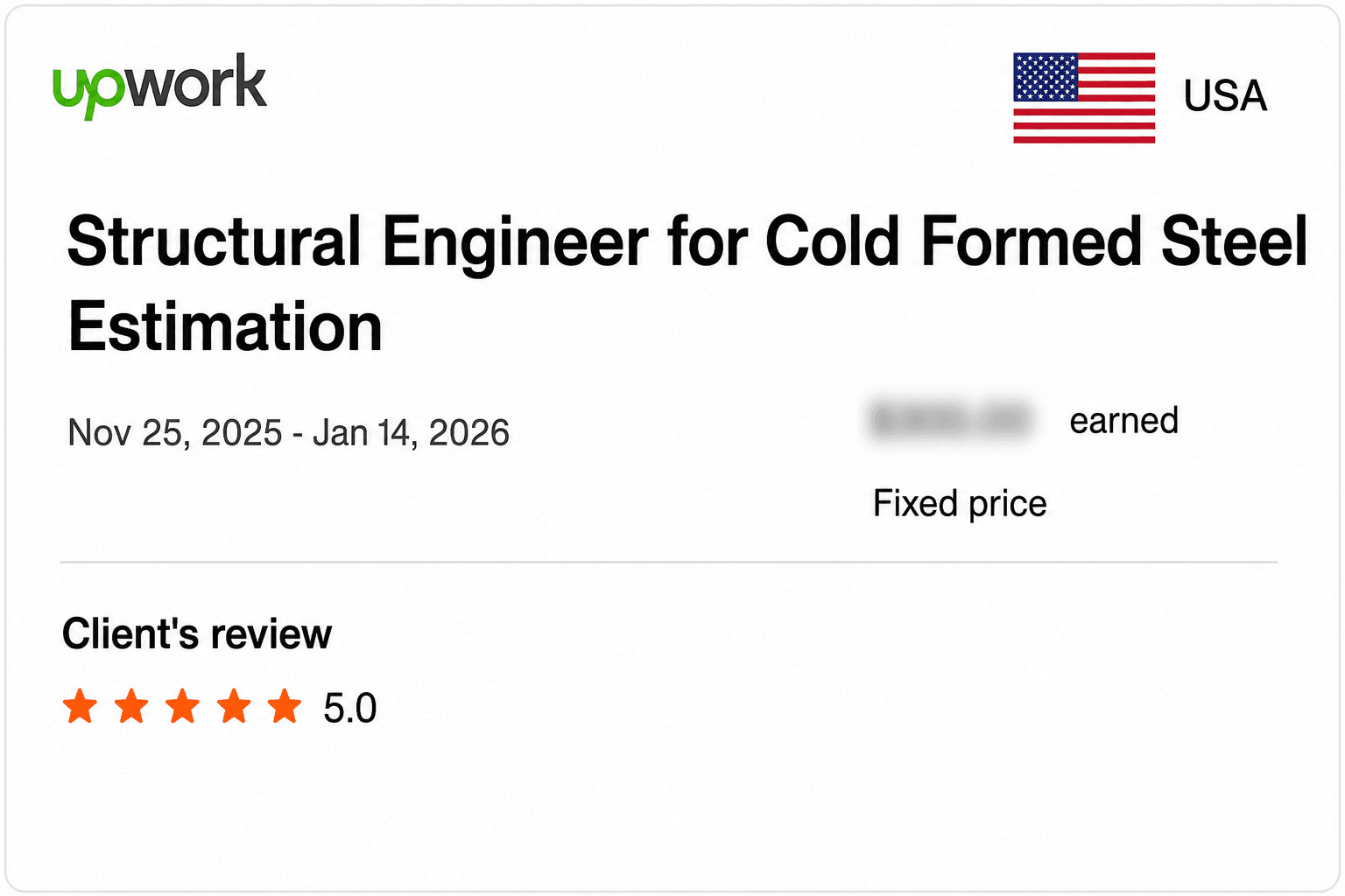 Upwork feedback record for Cold-formed steel estimation